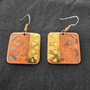 Vintage 1980s Tribal Style Copper and Gold-tone Ceramic Earrings